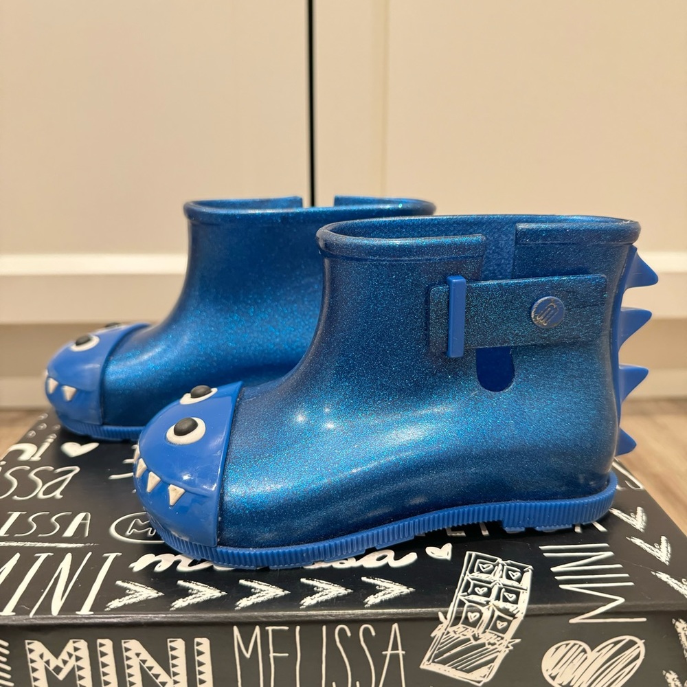 Mini Melissa Mini Sugar Rain + Fabula Rain Boots Toddler 8 Blue Glitter